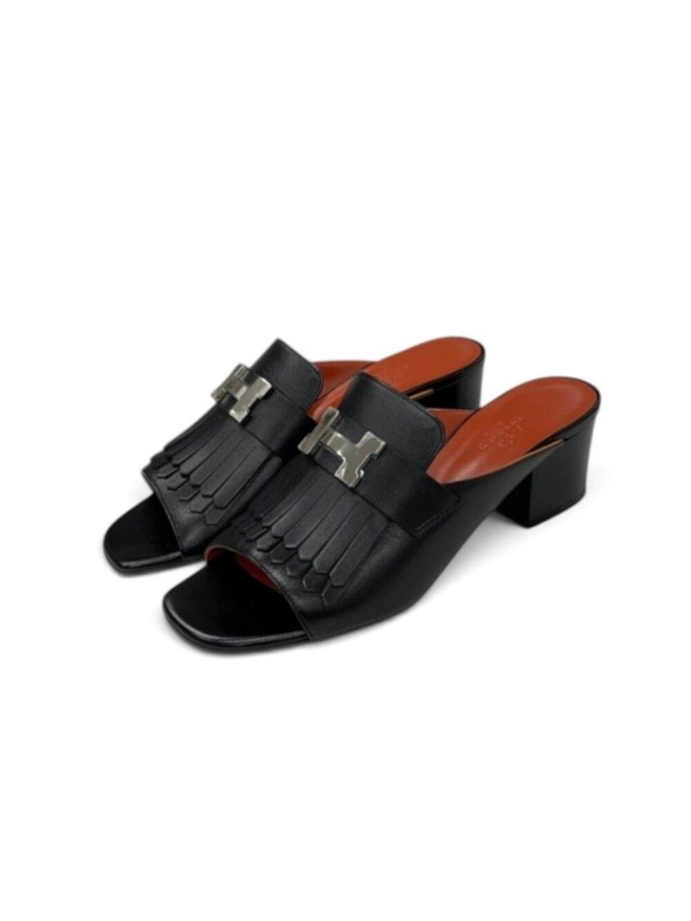 Hermes Alma Sandals Shoes Leather Black Silver Mules Constance Fringe